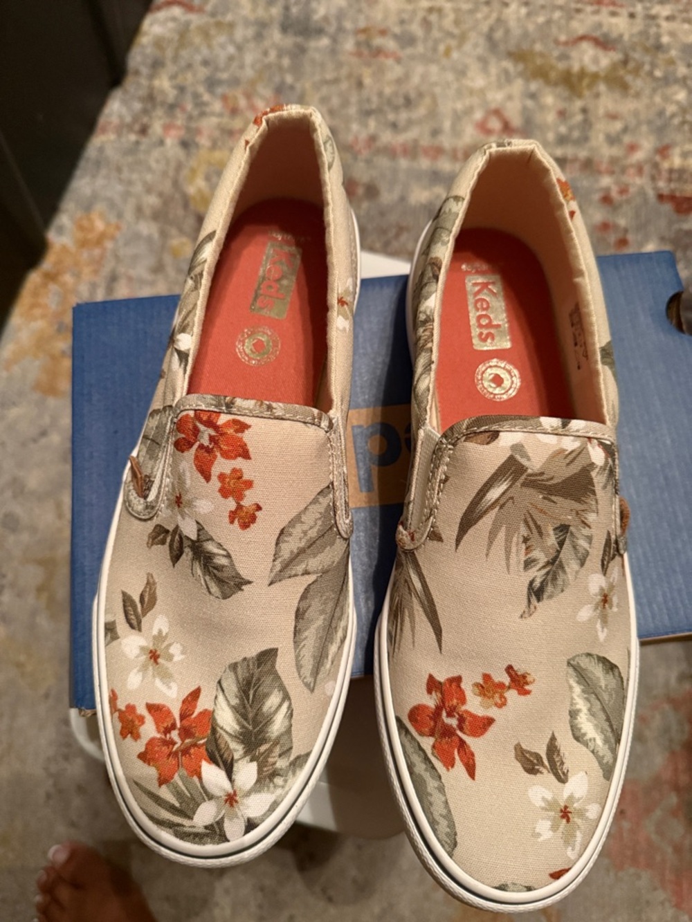 Keds Floral Slip-On Sneakers in Beige with Coral and Olive Accents